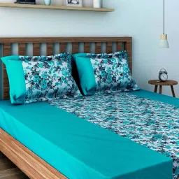 Swayam Blue & White Cotton 200 TC, 1 Double Bedsheet With 2 Pillow Cover image 1