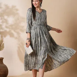 Globus Grey & Cream Embroidered Midi Dress With Belt image 1