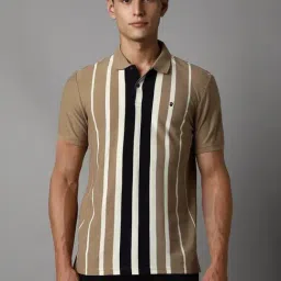 Louis Philippe Khaki Cotton Slim Fit Striped Polo T-Shirt-image-42