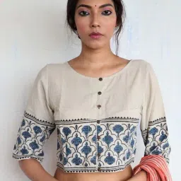Chidiyaa Ivory Grey Handprinted Cotton God Crop Top-picture-45