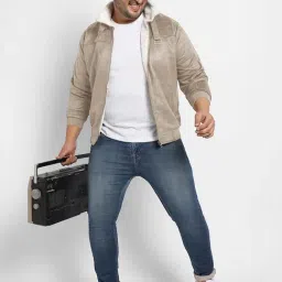 Instafab Plus Saltbox Beige Fleece Lined Plus Size Biker Jacket image 3