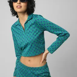 Only Teal Printed Jacquard Crop Top image 3