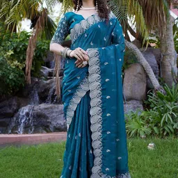 K 5 Fashion Embellished Beads And Stones Pure Chiffon Saree image 3