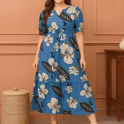 GAB Classic Floral Printed Pure Cotton V- Neck A-Line Midi Dress-picture-24