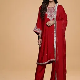 House of Pataudi Floral Yoke Design Round Neck A- Line Kurta & Trousers With Dupatta-picture-32