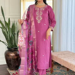 KALINI Floral Embroidered Thread Work Straight Kurta With Trousers And Dupatta image 4