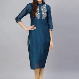 Varanga Teal Blue Embroidered Straight Kurti-picture-11