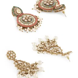 Zaveri Pearls Set Of 2 Gold-Plated Artificial Stones Studded & Beads Beaded Drop Earrings image 5