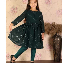 Vastramay Full Sleeves Chevron Designed Mirror Work Embellished & Embroidered Flare Kurta With Churidar - Green-picture-15