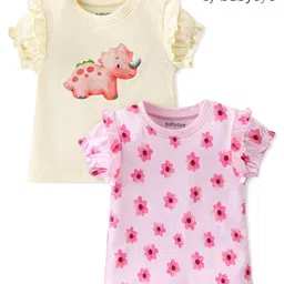 Babyoye Eco Conscious 100% Cotton Half Sleeves  Tops with Frill Detailing Floral & Dino Print - Pink & Cream-picture-19