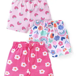 Babyhug Cotton Knit Shorts with Strawberry & Floral Print Bow Applique Pack of 3 -  Multicolour-image-87