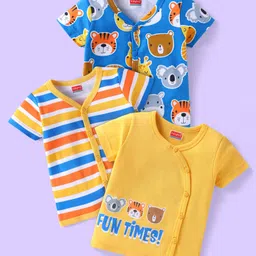 Babyhug 100% Cotton Knit Half Sleeves Front Open Striped Vests with Bear Print Pack of 3 - Blue Yellow & Red-picture-14