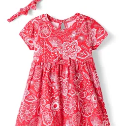 Babyhug Single Jersey Knit Half Sleeves Floral Printed Frock & Headband with Bow Applique - Red-picture-22