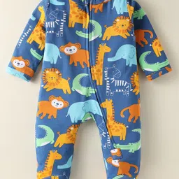 Babyhug Cotton Knit Full Sleeves Footed Sleep Suit with Animal Print - Navy Blue-picture-28