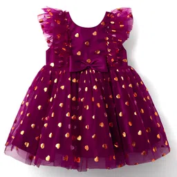Babyhug Woven Frill Sleeves Fit & Flare Mesh Party Dress with Glitter Print & Bow Applique - Purple-picture-28