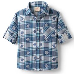Rikidoos Full Sleeves Checked & Snowflakes Embroidered Shirt - Blue-picture-6