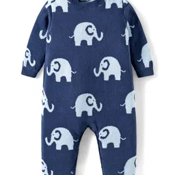Babyhug Cotton Knit Full Sleeves Winter Wear Romper with Elephant Print - Navy Blue-image-78