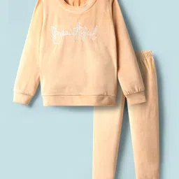 Babyhug Velour Woven Full Sleeves Text Embroidered Winter Wear Suit - Peach-image-92