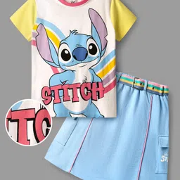 OLLINGTON ST. Disney Single Jersey Half Sleeves T-Shirts & Skirt Set & Belt with Lilo N Stitch Graphics and Belt - Light Blue & White-picture-16