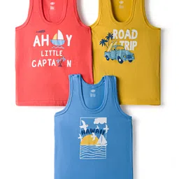 Zero Knit Sleeveless Vests With Beach Theme Print Pack of 3 - Blue Red & Orange-image-43