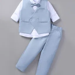 Robo Fry Cotton Woven Full Sleeves Solid 3 Piece Party Suit With Bow - Light Blue & White-picture-20