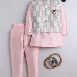 BT DEZINES Cotton Silk Woven Full Sleeves Solid Kurta & Pyjama With Thread Work Embroidered Jacket Set - Blush Peach-picture-34