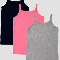 Kiddopanti Cotton Knit Pack Of 3 Sleeveless Solid Camisoles - Black Grey Melange & Neon Pink-picture-34