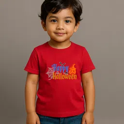 BLUSHES 100% Cotton Knit Halloween Theme Half Sleeves Happy Halloween Text Printed Tee - Red-picture-14