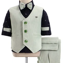 Rikidoos Full Sleeves Textured 3 Piece Suit Set With Bow - Pista Green & Navy Blue-picture-34