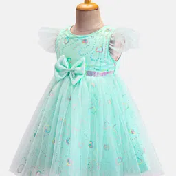 Babyhug Woven Frill Sleeves Dress With Sequins  Detailing & Bow Applique - Mint image 2