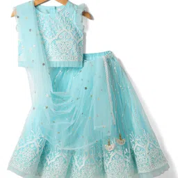 Babyhug Woven Sleeveless Choli Lehenga & Dupatta Set With Floral Embriodery - Light Blue image 2