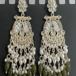 TESSARA Gold Plated Artificial Stones Studded & Beaded Floral Drop Earrings image 2