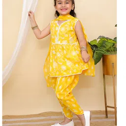 AJ Dezines Cotton Sleeveless Floral Printed Kurti & Dhoti Style Pant With Dupatta Set - Yellow image 4