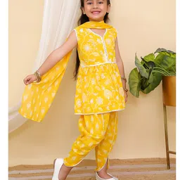 AJ Dezines Cotton Sleeveless Floral Printed Kurti & Dhoti Style Pant With Dupatta Set - Yellow image 5