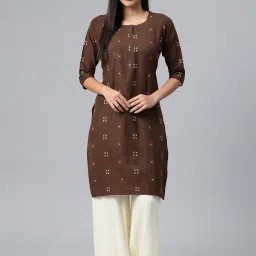 One Femme Brown Cotton Self Design A Line Kurti image 1