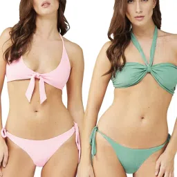 Secrets By ZeroKaata Green & Pink Plain Swimwear Bra Panty Set - Pack Of 2 image 1