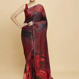 navyasa by liva Navyasa Maroon Liva Satin Abstract Printed Saree With Coordinated Unstitched Blouse Piece image 1