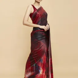 navyasa by liva Navyasa Maroon Liva Satin Abstract Printed Saree With Coordinated Unstitched Blouse Piece image 4