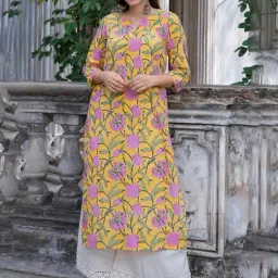 Eeshva India Mango Yellow Floral Hand Blocked Kurta In Cotton-image-36