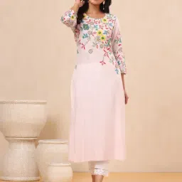 Juniper Pink Floral Printed Rayon Kurta With Sequins & Beads Work-picture-40