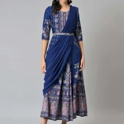 W Blue Floral Print A-Line Dress-image-31