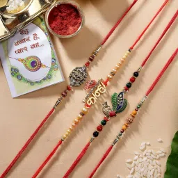 NVR Multicolor Radha Krishna & Peacock Design Rakhi with Roli Chawal - Set of 4 image 1