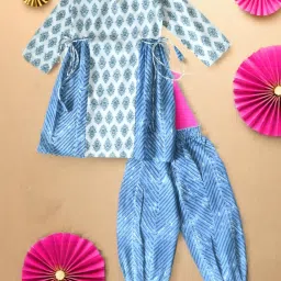 Bella Moda Kids Blue & White Printed Full Sleeves Kurti with Pants image 1