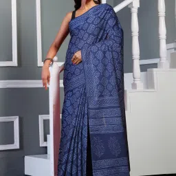 Unnati Silks Navy Cotton Printed Saree With Unstitched Blouse image 1