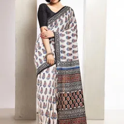 Unnati Silks Beige Cotton Printed Saree With Unstitched Blouse image 1