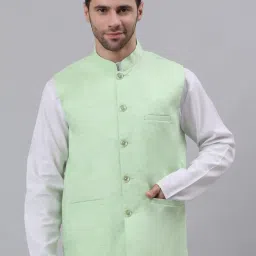 NEUDIS Light Green Sleeveless Mandarin Collar Nehru Jacket image 1