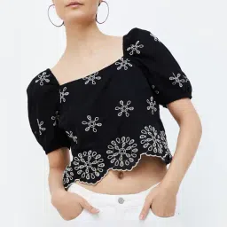 Ginger by Lifestyle Black Cotton Embroidered Crop Top-picture-13