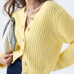 LOV by Westside Yellow Knit-Textured Cardigan image 4