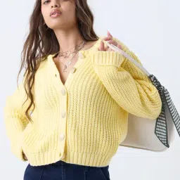 LOV by Westside Yellow Knit-Textured Cardigan-image-74