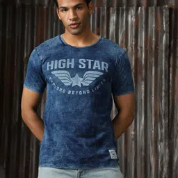 High Star Men Biker Printed indigo washed T-shirt image 2